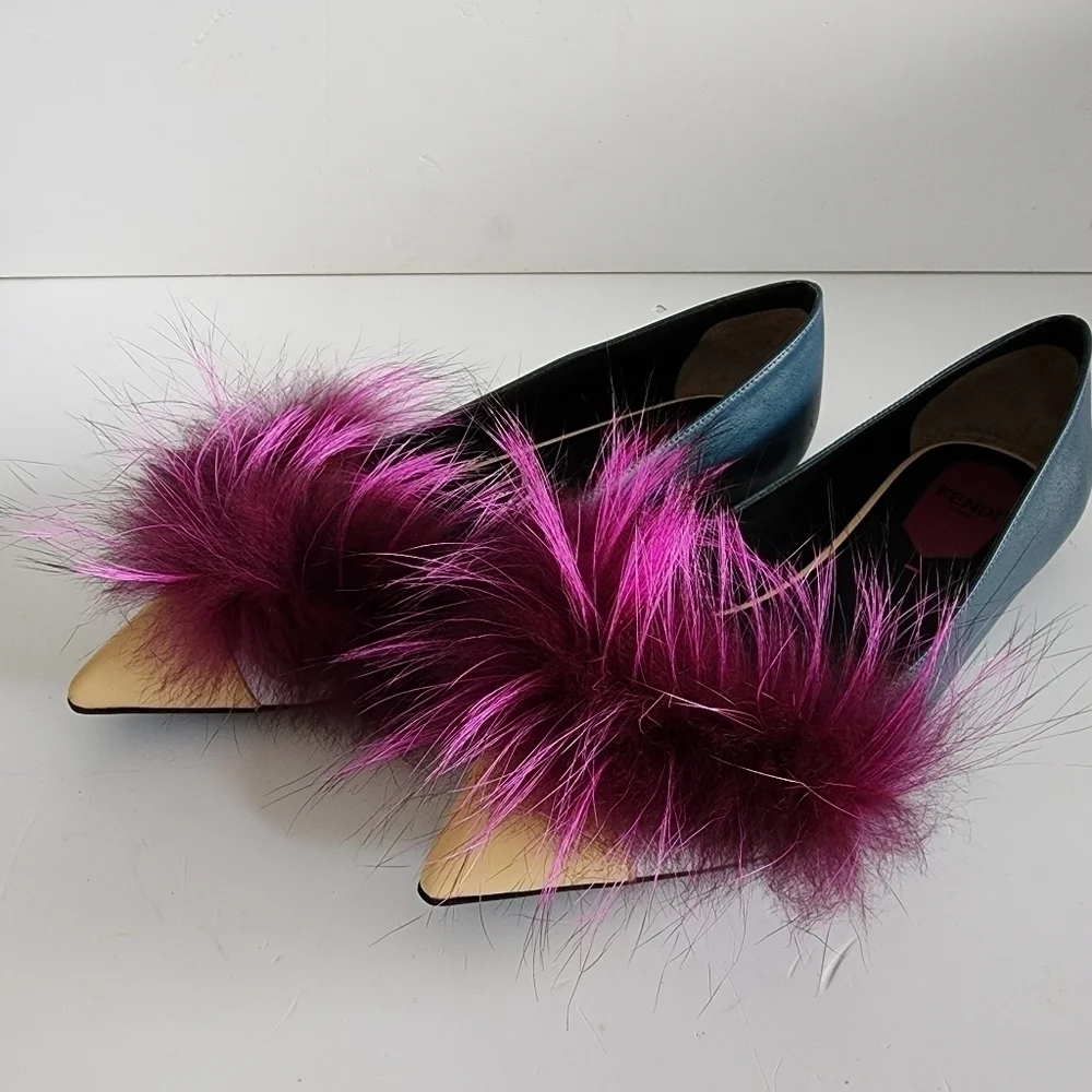 NEW Fendi Leather And Fur Monster Eye Pointed Toe Ballet Flats Size 38 - Picture 10 of 13